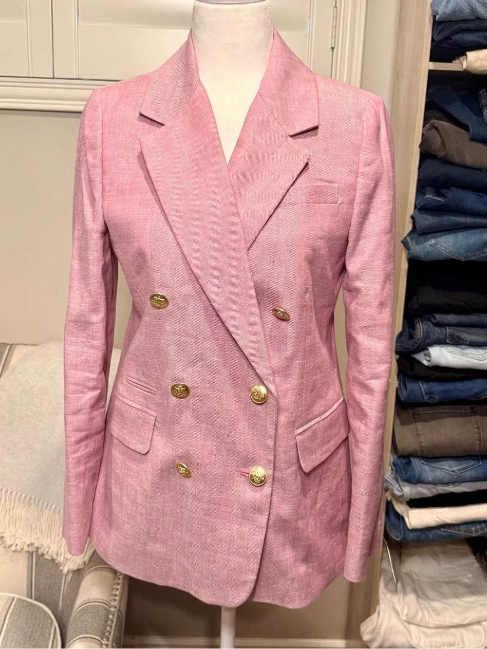 Double-Breasted Pink Linen Blend Blazer Jacket